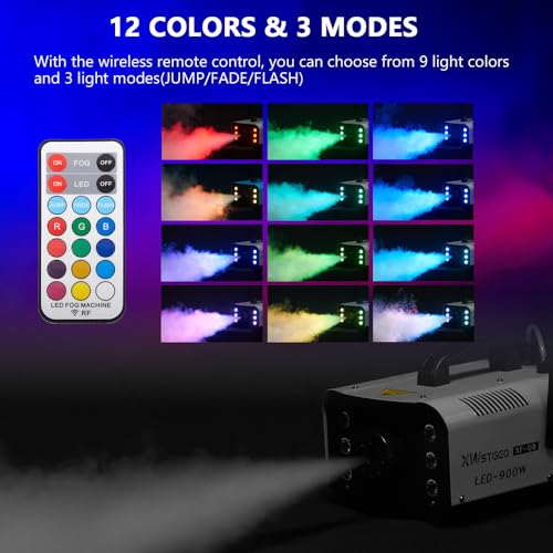 XWSTGEQ FOG MACHINE 900 WATT WITH 6 LED LIGHTS AND 2-IN-1 WIRELESS REMOTE GRAY - Like New