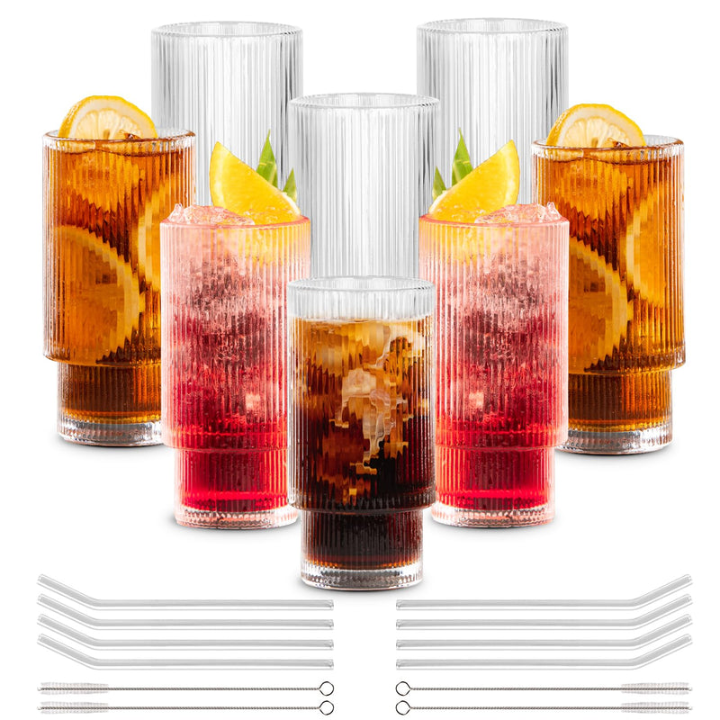 Combler Ribbed Glass Cups with Glass Straws 11oz Drinking Glasses Set of 8 - Like New