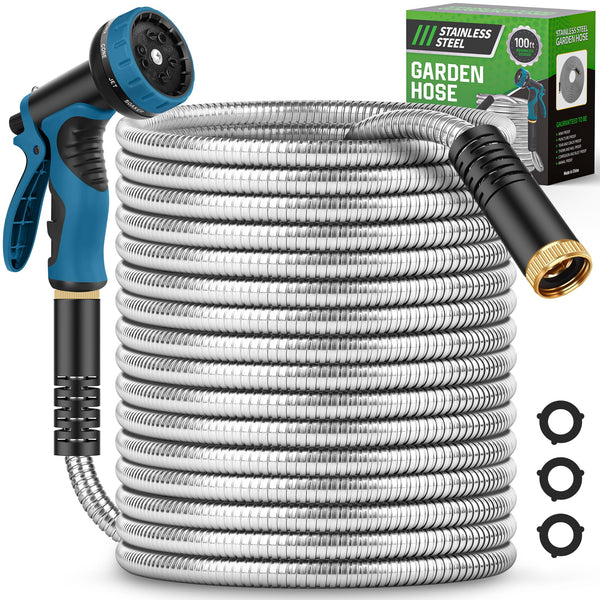 ADVINSKI GARDEN HOSE 100FT WATER HOSE, 10 FUNCTIONS NOZZLE, GARDEN HOSE - SILVER Like New