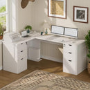 WINAZ WOODEN L SHAPED OFFICE DESK WITH LOCKABLE DRAWERS - WHITE - Like New