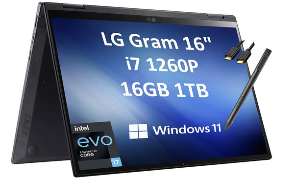 LG GRAM  2-IN-1 16" WQXGA 2560X1600 TOUCH I7-1260P 16 1TB SSD FPR WIN 11 Like New