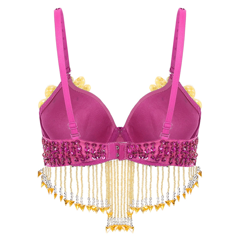 OYOLAN WOMENS SPARKLY SEQUINS BELLY DANCE TOPS BEADED BRA - 36/80 - HOT PINK - Like New