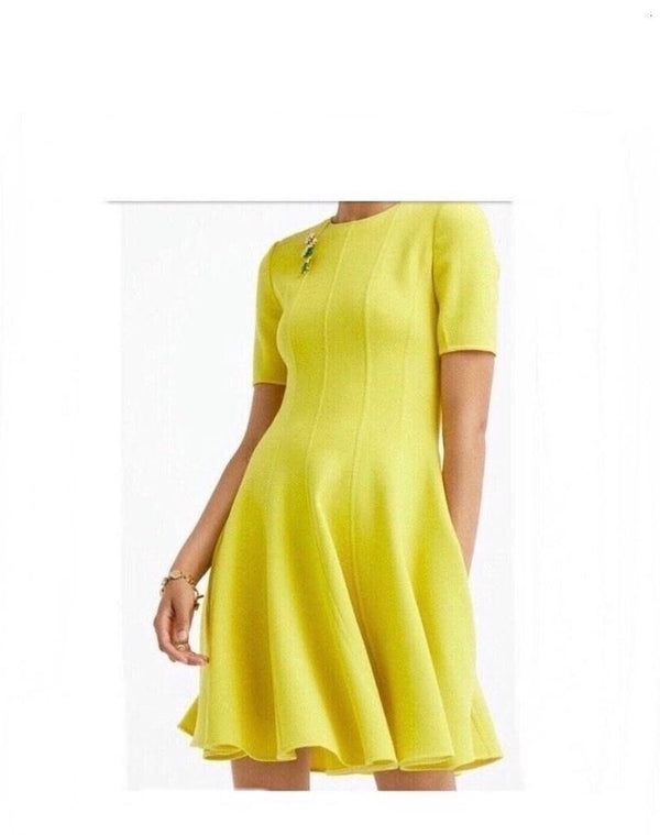 OSCAR DE LA RENTA SHORT SLEEVE FLARED PANEL DRESS CREPE SIZE 4 - LEMON YELLOW - Brand New
