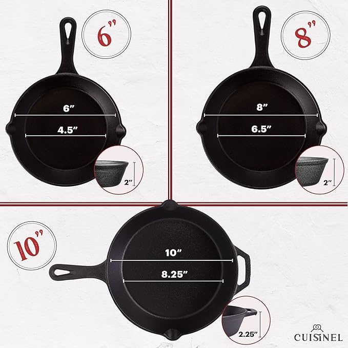 Cuisinel Cast Iron Skillets Set 3-Piece: 6" + 8" + 10" Cookware - Black - Like New