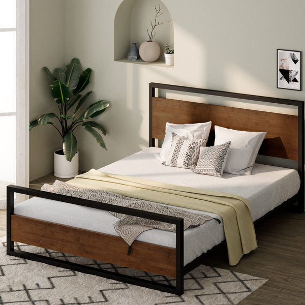 ZINUS SUZANNE BAMBOO METAL PLATFORM BED FRAME FOOTBOARD WOOD SLAT QN - BROWN - Like New