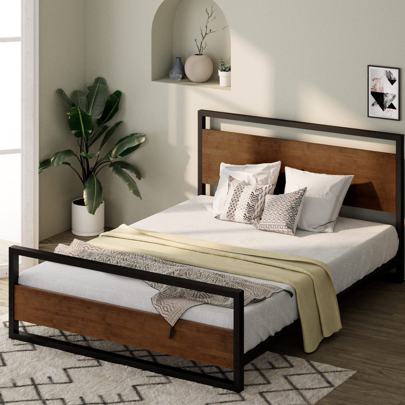 ZINUS SUZANNE BAMBOO METAL PLATFORM BED FRAME FOOTBOARD WOOD SLAT QN - BROWN - Like New