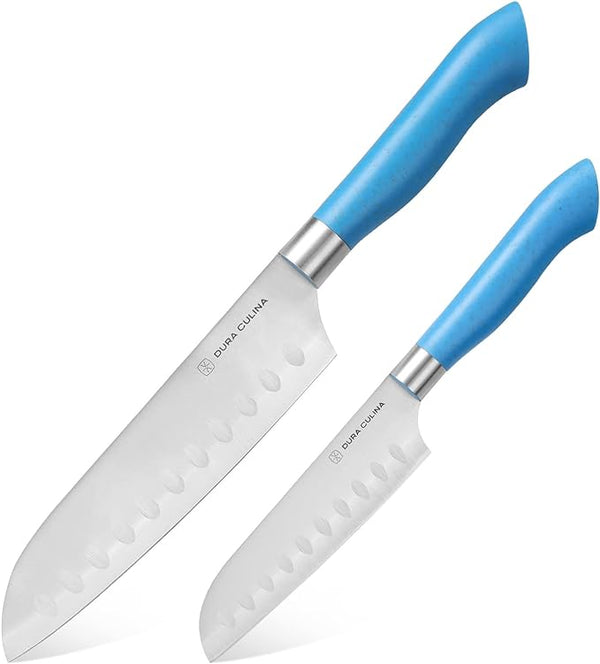 DURA LIVING EcoCut 2-Piece Santoku Knife Set High Carbon Stainless Steel - Blue Brand New