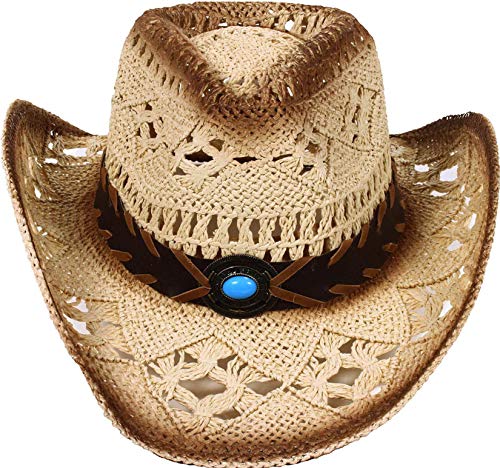 LIVINGSTON MEN & WOMEN'S WOVEN STRAW COWBOY HAT - BLUE BEAD BEIGE - Like New