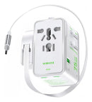 WOLLZZ 75W UNIVERSAL TRAVEL ADAPTER WITH 5 PORTS AND RETRACTABLE CABLE - WHITE - Brand New