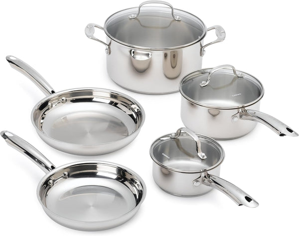 CUISINART 77-8OT Stainless 8 Piece Cookware Set with Glass Lids Like New