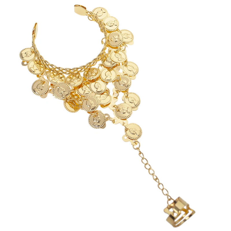 GENERIC ADJUSTABLE BOHEMIAN COIN BRACELET WITH CHAINED RING - GOLD - Like New