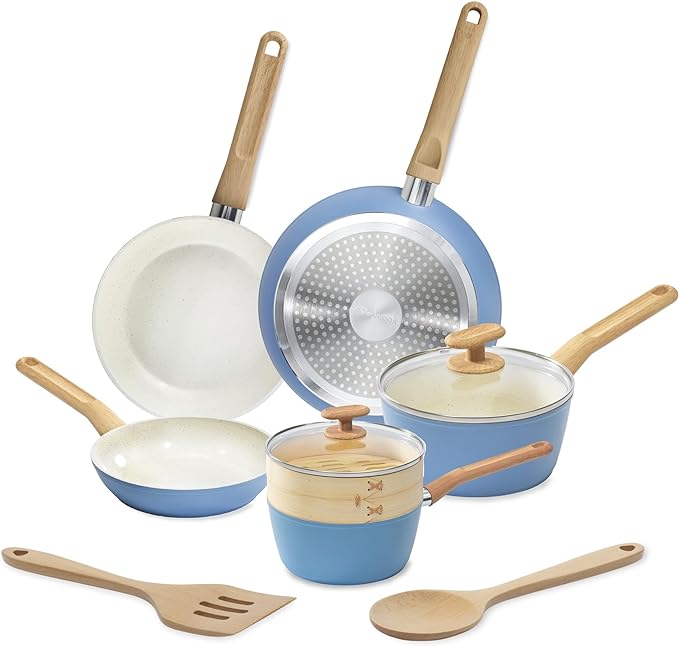 GOODCOOK 10-Piece Healthy Ceramic Titanium-Infused Cookware Set - Light Blue - Like New