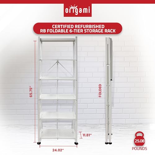 Origami RB Foldable 6 Tier Storage Rack with Wheels, Tall/Slim Model - White - Like New
