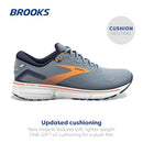 BROOKS MEN'S GHOST 15 NEUTRAL SHOE FLINTSTONE/PEACOAT/ORANGE POP - SIZE 8 - Like New