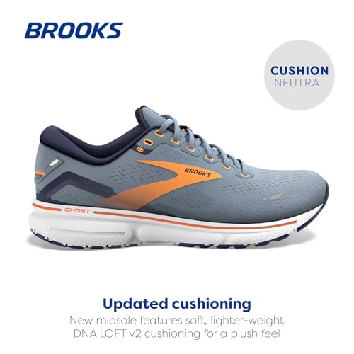 BROOKS MEN'S GHOST 15 NEUTRAL SHOE FLINTSTONE/PEACOAT/ORANGE POP - SIZE 8 - Like New