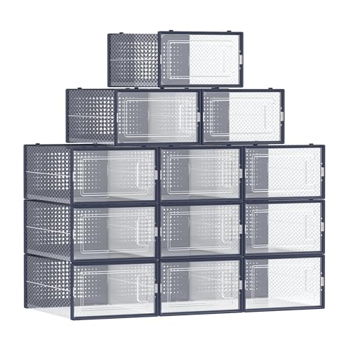 SONGMICS PACK OF 12 PLASTIC SHOE BOXES FOLDABLE STACKABLE SHOE BOXES CLEAR/BLACK - Like New