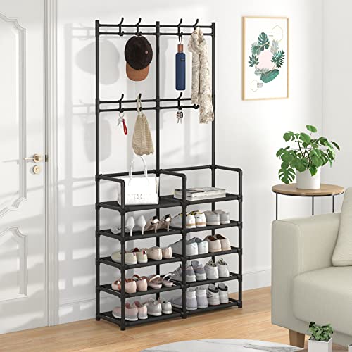 LAIENSIA 5-Tier Entryway Coat Rack, Coat and Shoe Rack, 8 Hooks - BLACK Like New