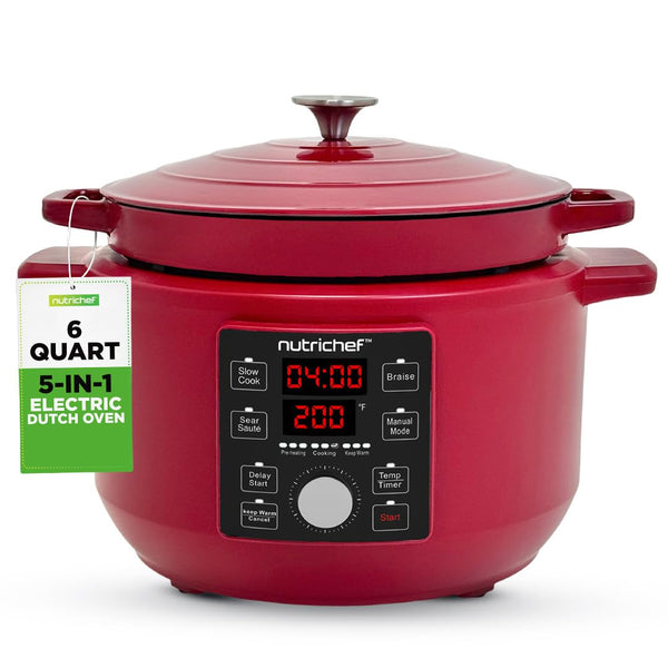NUTRICHEF 6 QUART ELECTRIC DUTCH OVEN 1500W 5-IN-1, NCZTS60DR - RED - Like New