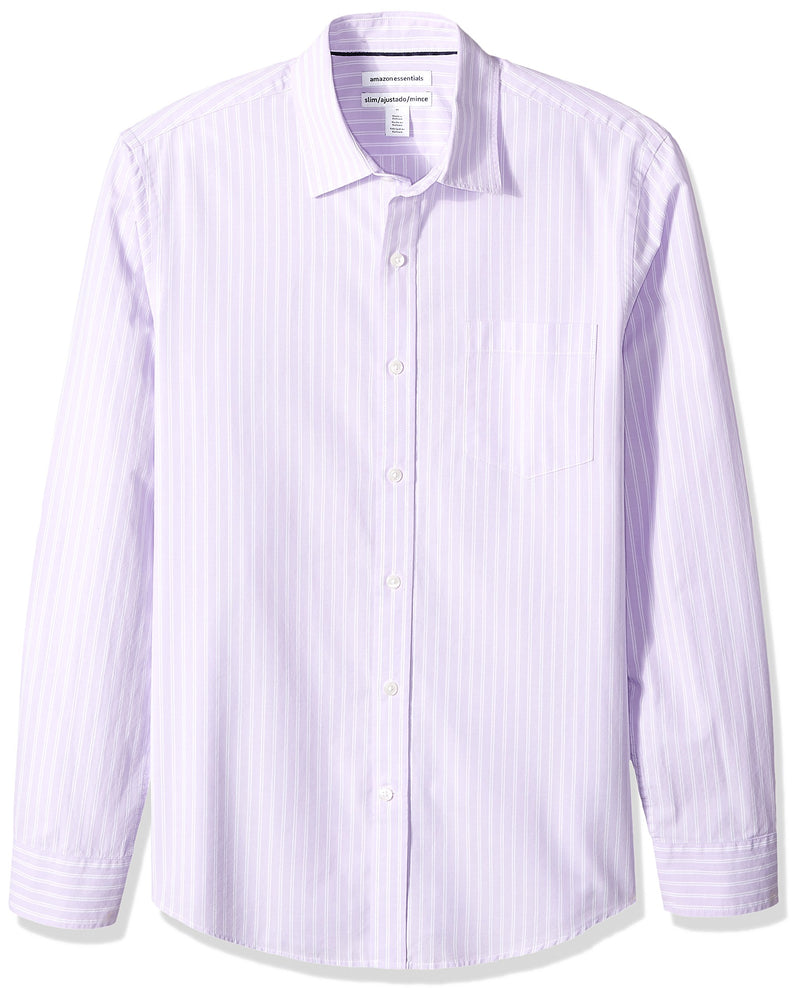 AMAZON ESSENTIALS MEN SLIM-FIT LONG-SLEEVE SHIRT MEDIUM LAVENDER WHITE STRIPE - Brand New