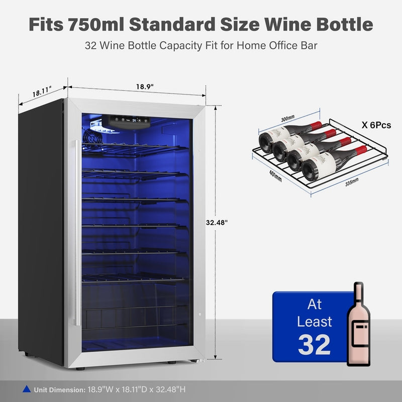 YEEGO 18.8 IN. W 32-BOTTLE FREESTANDING WINE COOLER MINI FRIDGE, STAINLESS STEEL - Like New