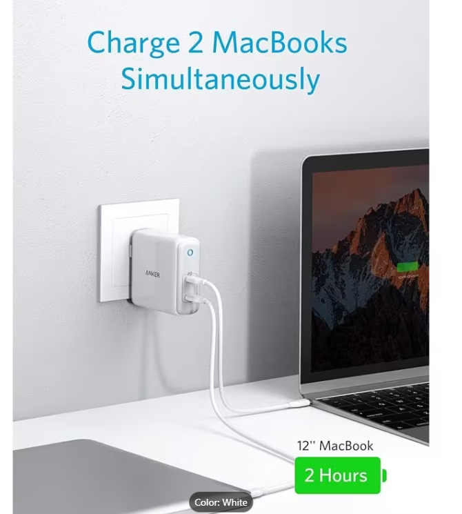 ANKER 60W 2-PORT POWERPORT ATOM PD 2 GAN COMPACT FOLDABLE WALL CHARGER - WHITE - Like New