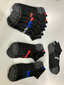 PUMA MEN'S 6 PACK QUARTER CREW SOCKS - SIZE 8-12 BLACK (ASSORTED RED/BLUE/GREY) - Brand New