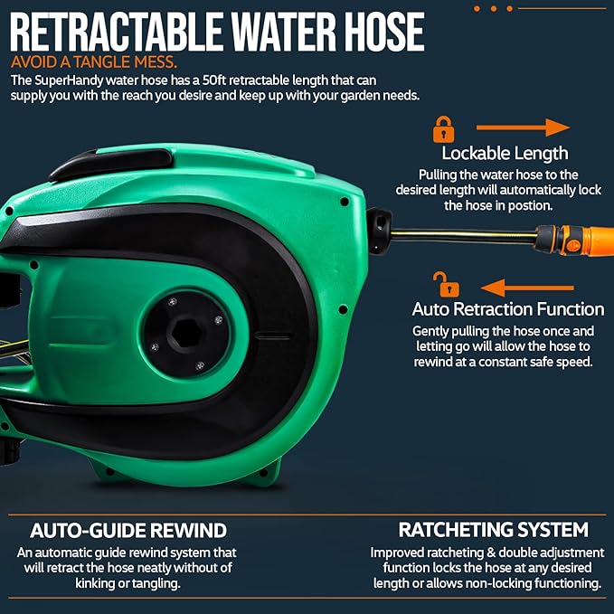 SuperHandy Water Hose Reel Retractable 1/2"x50' Feet PRO Flex - Green/Black - Like New