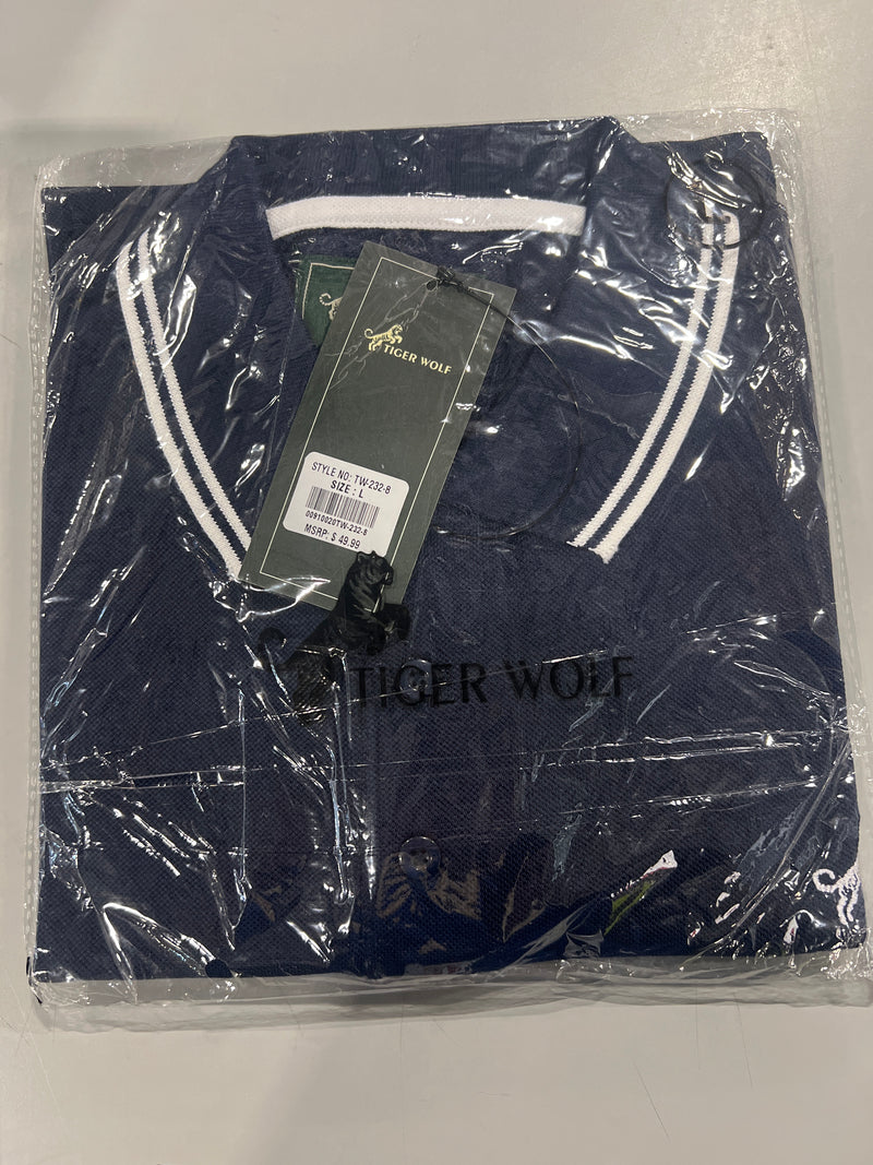 TIGER WOLF 3 BUTTON POLO SHIRT - SIZE: MEN L - NAVY WHITE - Brand New