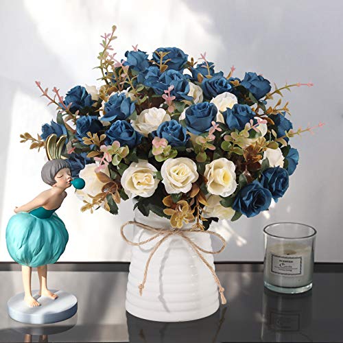 MOOMASS LIFELIKE ARTIFICIAL ROSE BOUQUETS AND CERAMIC VASES - NAVY BLUE - Like New