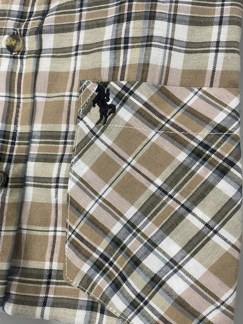 BLACK HORSE WOVEN PLAID SHIRT - SIZE :MENS M - BROWN/BLACK/WHITE/YELLOW - Brand New