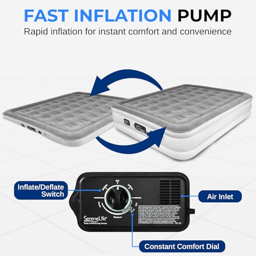 SereneLife Luxury Full Size Air Mattress built-in Speed Pump, SLABFL60 - Gray - Like New