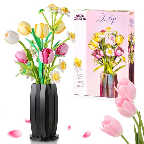 DADYMART FLOWER BOUQUET SET WITH TULIPS DAISIES ARTIFICIAL VASE, 1250 PCS Like New