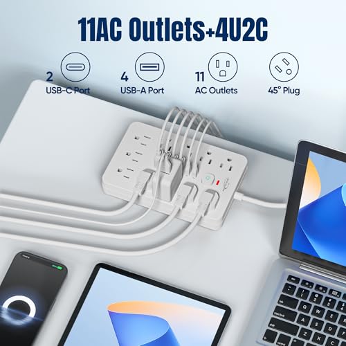 JOULE 6 FT FLAT PLUG SURGE PROTECTOR POWER STRIP 11 MULTIPLE AC OUTLETS - WHITE - Like New
