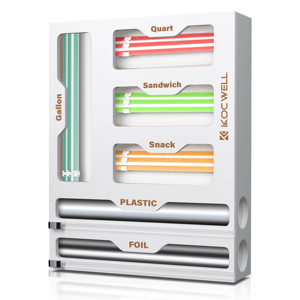 KOCWELL BAG ORGANIZER PLASTIC WRAP DISPENSER WITH CUTTER, 6 IN 1 KITCHEN - WHITE - Brand New