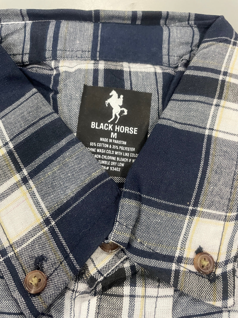 BLACK HORSE WOVEN PLAID SHIRT - SIZE : MENS M - BLUE/LIGHT BLUE/WHITE/YELLOW - Brand New