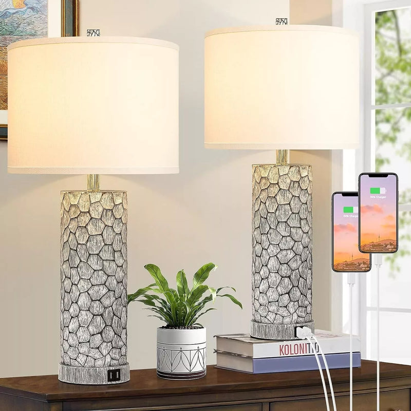 BRIGHTEVER TABLE LAMPS DUAL USB CHARGING PORTS SET OF 2 RUSTIC - RUSTIC WHITE - Like New