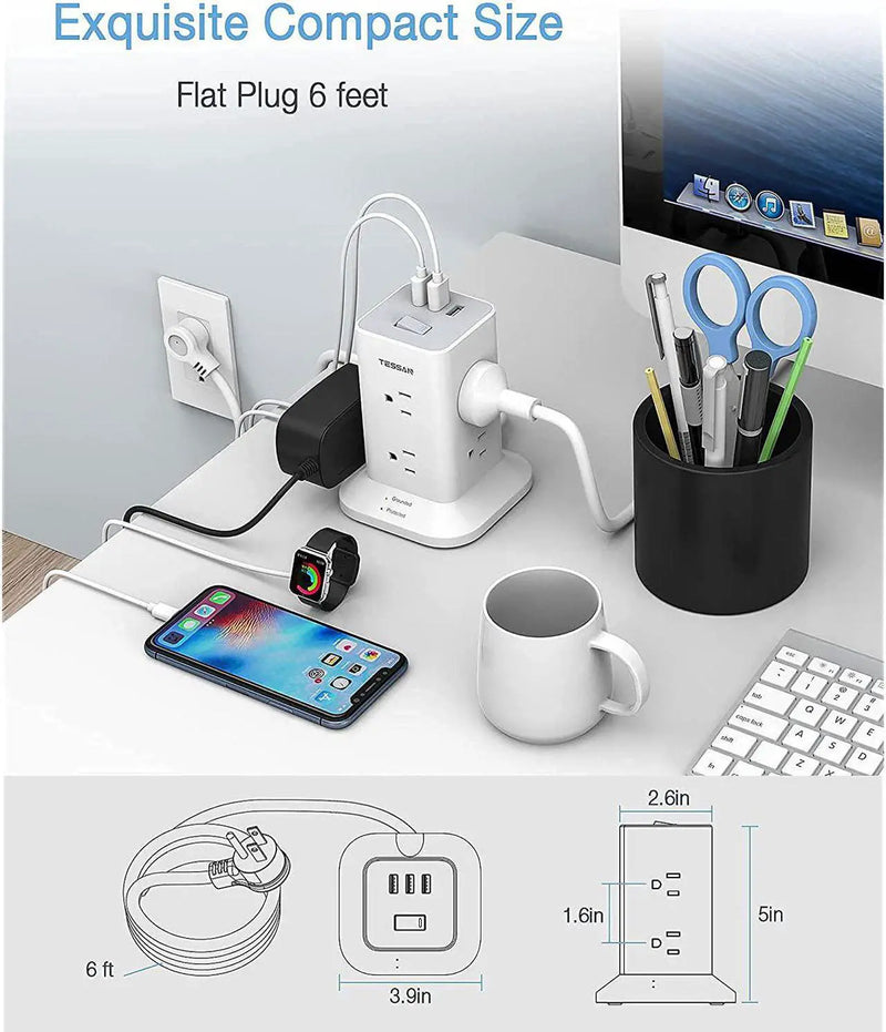 TESSAN POWER STRIP TOWER SURGE PROTECTOR, 6 FEET, 1875W, WHITE - Like New
