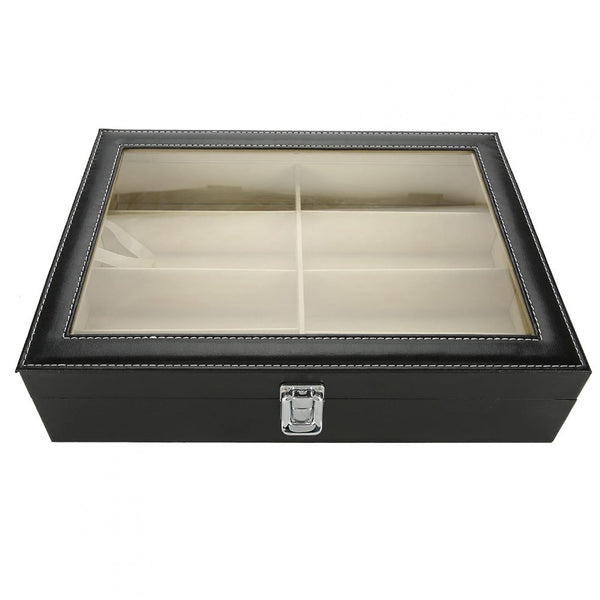 HANHUA LEATHER SUNGLASSES DISPLAY CASE 8 GRIDS GLASSES STORAGE BOX - BLACK - Like New