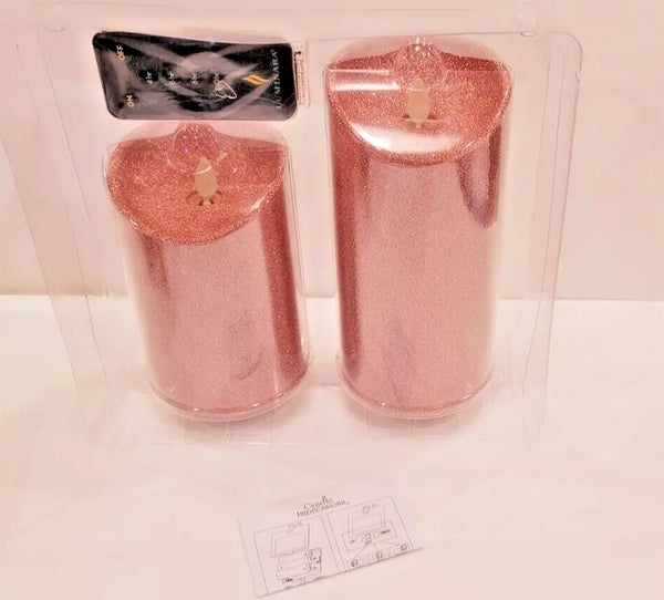 Luminara Flameless Holiday Red Glitter Pillar Candle Set 5.5" & 7" - Like New