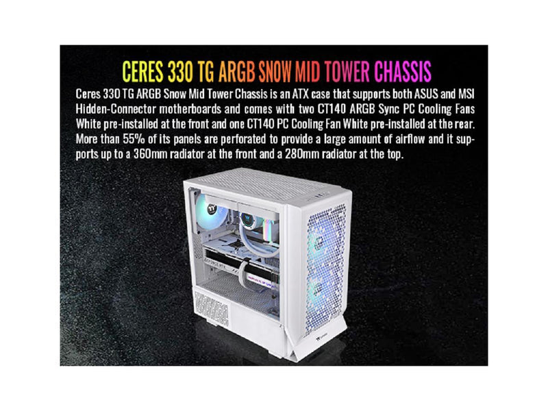 Thermaltake Ceres 330 TG ARGB Snow Mid Tower E-ATX Case Supports