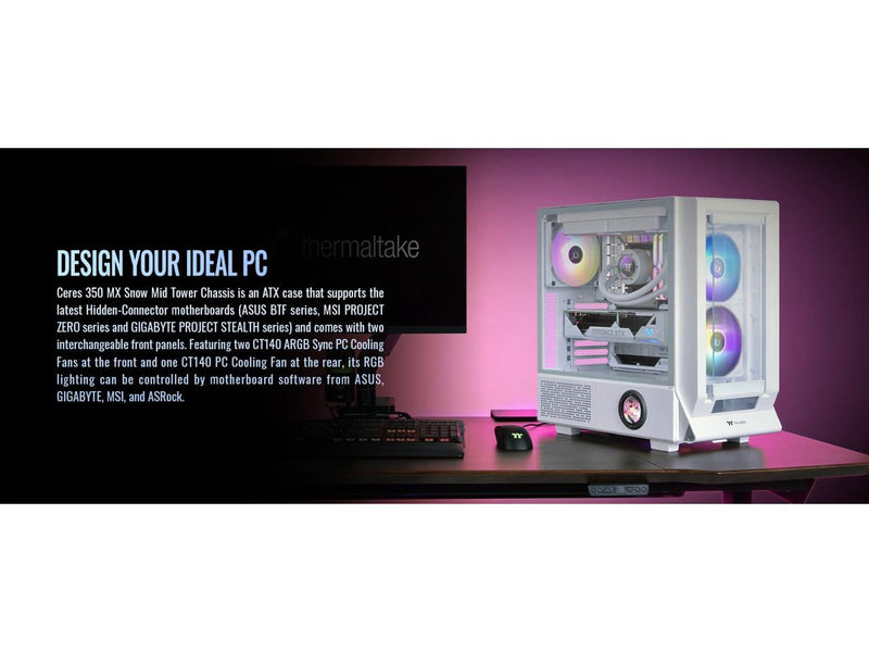 Thermaltake Ceres 350 MX Snow Mid Tower ATX Case; 3 Pre-installed ARGB Snow