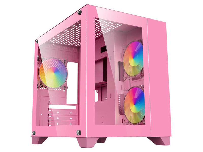 DIYPC ARGB-Q3.v2-Pink Pink USB3.0 Tempered Glass Micro ATX Gaming Computer Case