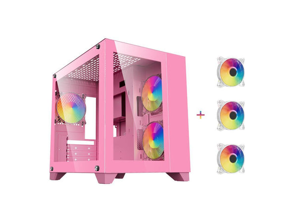 DIYPC ARGB-Q3-Pink Pink USB3.0 Tempered Glass Micro ATX Gaming Computer Case w/