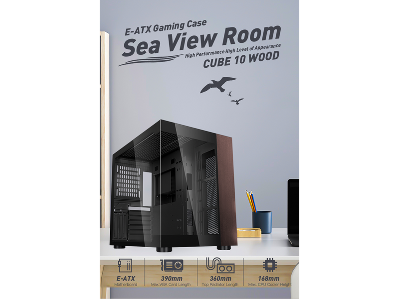 DIYPC DIY-CUBE10-Wood Black USB3.0 /Type C ATX Mid Tower Gaming Computer Case w/