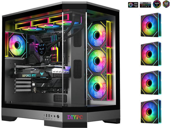 DIYPC  Vanguard-F1-BK -Black Dual USB3.0 and Type C Tempered Glass ATX Full