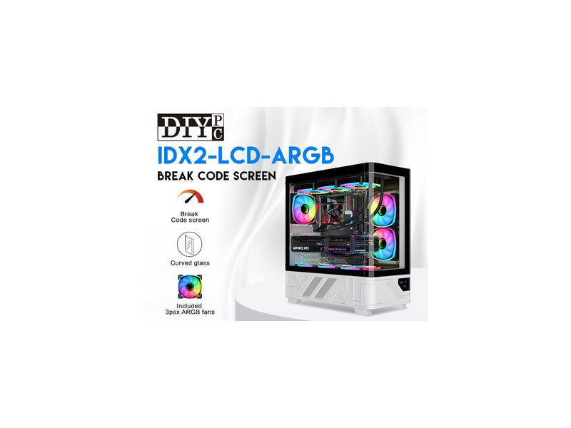 DIYPC IDX2-LCD-ARGB Black USB3.0/Type C Curved Tempered Glass ATX Gaming