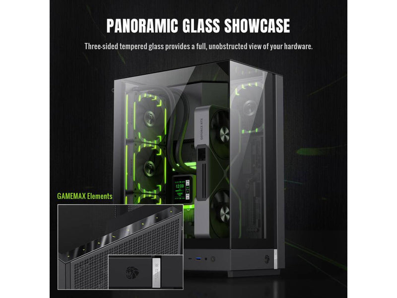 GAMEMAX T20 BK Black case. Three-sided tempered glass offers a full,