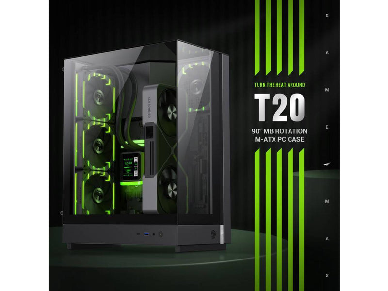 GAMEMAX T20 BK Black case. Three-sided tempered glass offers a full,