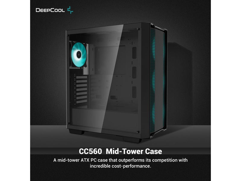 DeepCool CC560 Mid-Tower ATX PC Case, 4x Pre-Installed 120mm LED Fans, Tempered