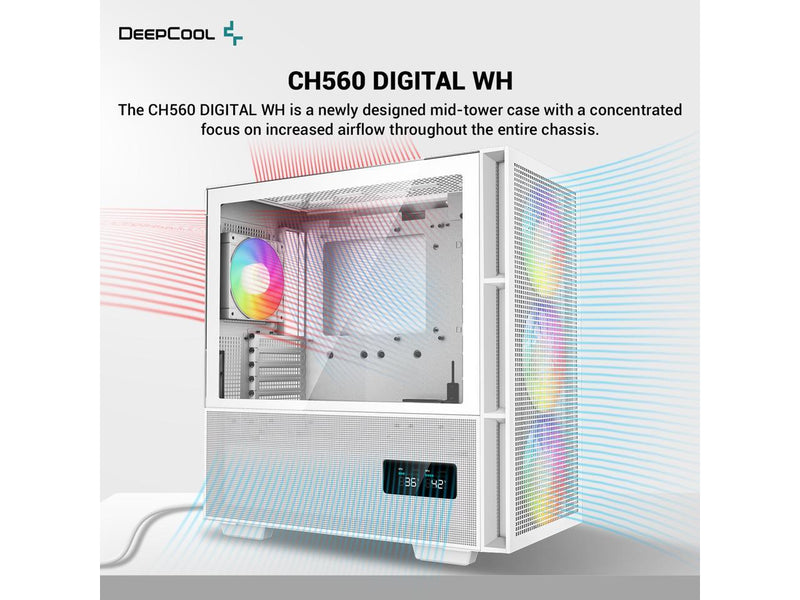 DeepCool CH560 DIGITAL WH ATX Airflow case, Dual Status Display, 3x